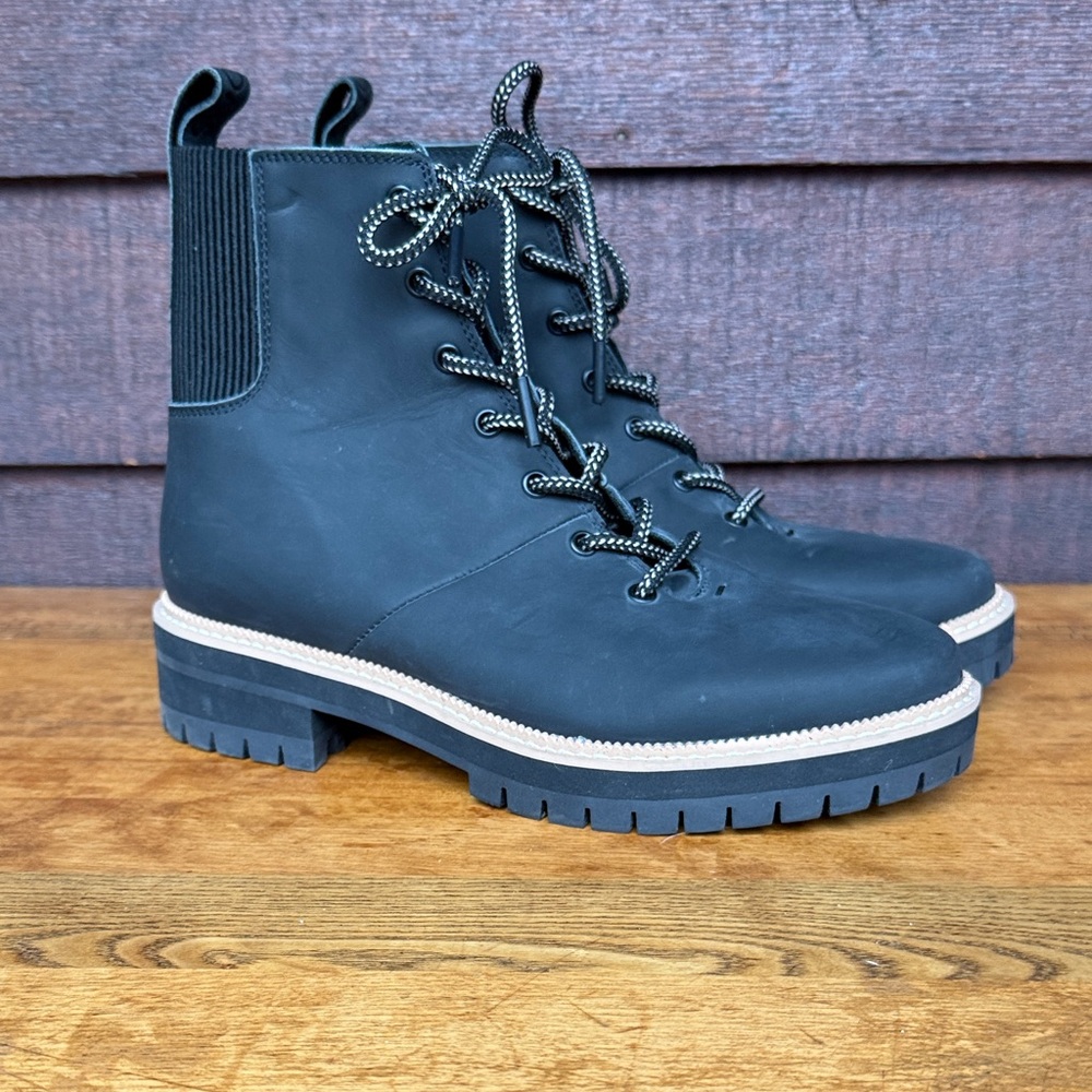 TOMS Black Frankie Lace-Up Boots with Tan Sole women’s size 8 NWOT $100